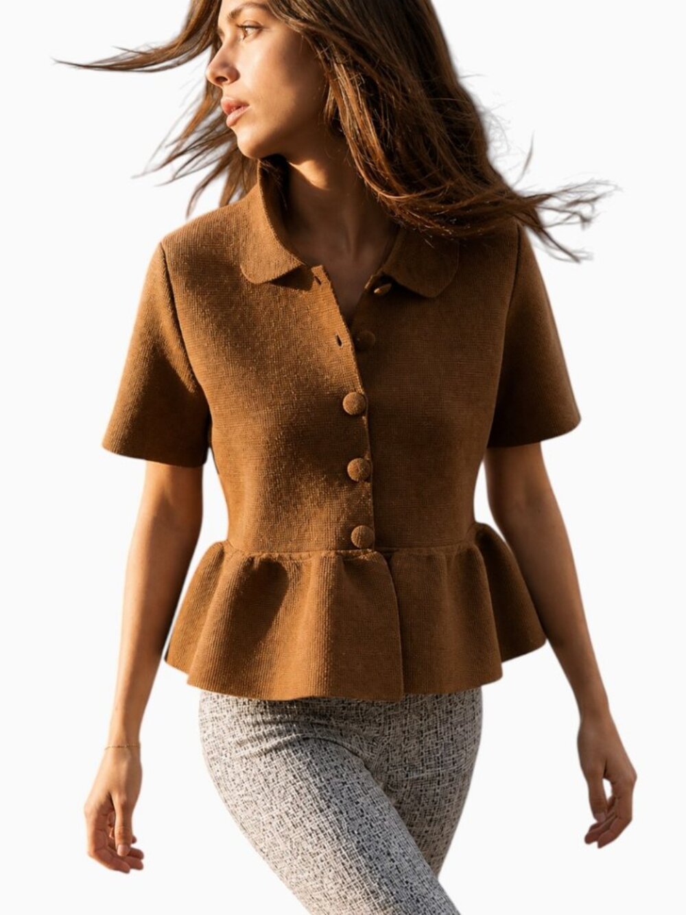 NWT ZARA PEPLUM KNIT CARDIGAN BROWN COLLARED SHORT SLEEVE  SIZE M